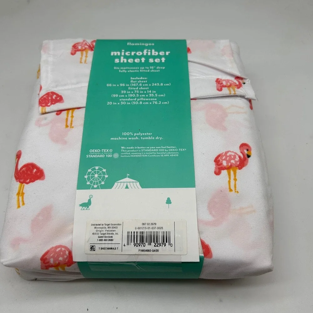 Pillowfort Twin Microfiber Sheet Set Pink Flamingos White 3 Piece Bedding NEW